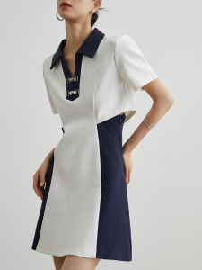 Blue and White Patchwork Hollow Out Dress Women Turn-Down Collar Unique Elegant Leisure Style