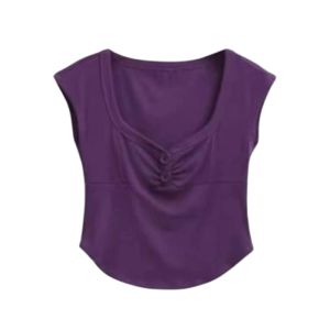 YUEZHONGWEI | เสื้อยืดแขนกุดคอวีสีม่วงสำหรับผู้หญิง ทรงสลิมฟิต เสื้อเชิ้ตสั้น ผ้าโพลีเอสเตอร์ สไตล์เกาหลี เสื้อแฟชั่นฤดูร้อน