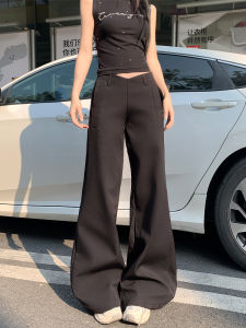 Black American Style Micro Flared Suit Pants Womens V-Shaped Waist Design Loose Casual Trousers High Waist Zipper Polyester Spandex