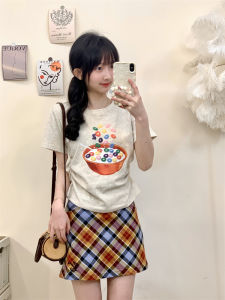 Summer New Short Sleeve Foamed Print Short Shoulder T-Shirt Womens Sweet Sister Not Waist Show Slim Fit Inner Wear Top
