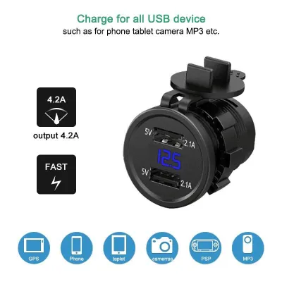 USB Charger 2 Port 4.2A Dengan Voltmeter Untuk Motor dan Mobil