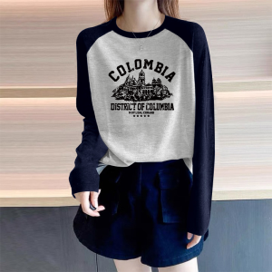 2025 New Womens Long Sleeve T-Shirt Shoulder Insertion Mid-Length Color Block Loose Casual Versatile Spring Autumn Trendy Top