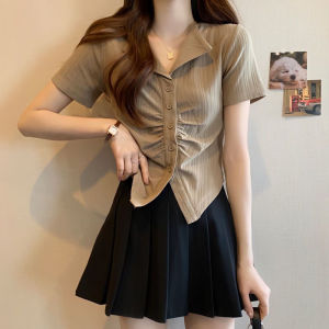 SHUFU 2003 Korean Style Cotton Blouse For Women Plus Size Lapel Plain Casual Elegant Short Sleeve Tops