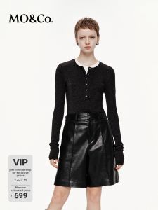 MO&Co. | Metallic Thread Pima Cotton Henley Knit Top