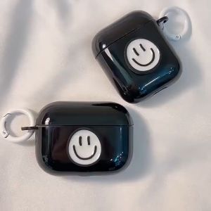 Raimondo Kotak Pengisi Daya Pelindung Casing Headset Nirkabel Airpods 1/2/3/Pro Pola Wajah Tersenyum Hitam Lucu