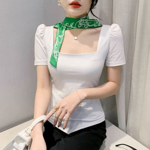 YIMEI Áo Thun Cổ Vuông Ruy Băng In Hình Màu Xanh Lá Mới Mùa Xuân Hè 2023 Áo Cotton Ngắn Tay Đính Nơ Thời Trang Cho Nữ