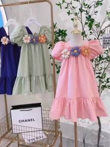 Girls Dress Summer New Childrens Flower Puff Sleeve Princess Dress French Square Collar Little Girl Chiffon Dress