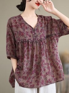 Summer Mom T-Shirt Short Sleeve Cotton Linen Loose Fit Half Sleeve Top Linen New 2025 Floral Print Shirt Womens Casual Wear
