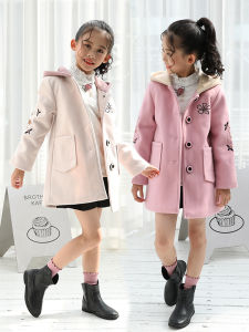 Girls Woolen Coat Cotton Lined Hooded Mid-Length Thickened Autumn Winter Fashionable Plaid Childrens Coat Korean Style Jacket