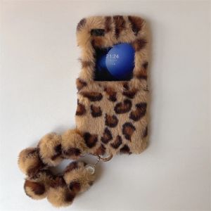 Cute Leopard Print Fluffy Plush With Wrist Strap Bracket Phone Case For Samsung Galaxy Z Flip 7 6 5 4 3 Zflip7 Shockproof Cover