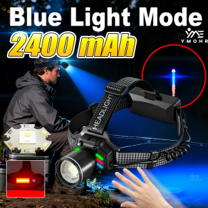 Head LED Light Fishing Headlamp 18650 Battery USB Rechargeable Hands Free Head Torch Blue Light Motion Sensor Waterproof Fishing