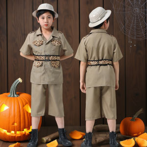 Kids Boys Safari Explorer Costume Set with Safari Hat Leopard Pattern Splicing Animal Ranger for 4+ Year Old