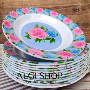 promo 12pcs piring makan melamine besar 23cm motif kembang biru pink