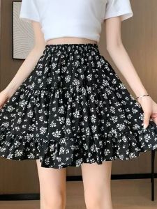 Váy Midi Cạp Cao Họa Tiết Hoa Thắt Nơ Xếp Ly Váy Ngắn Mùa Hè Phong Cách Hàn Quốc Đa Năng Cho Nữ