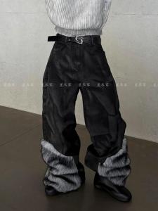 Retro American Style Womens High Waist Wide Leg Jeans Faux Fur Patchwork Floor-Length Pants Spring Autumn Winter Pure Color