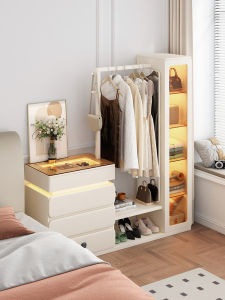 Small Apartment Bedroom Floor Closet Coat Rack Dressing Mirror Integrated Cream Style Multifunctional Bedside Table Storage Cabinet