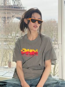 หลวม Fit สีเทาพิมพ์เสื้อยืดผู้หญิงฤดูร้อน Street สไตล์คู่ขนาดใหญ่ขนาด 300lbs ผ้าฝ้ายเสื้อผ้าทํางานแขนสั้น