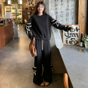 Bộ Đồ Hai Mảnh Màu Đen Rộng Rãi Thoải Mái Cho Nữ Mùa Thu 2025 Áo Thun Cổ Tròn Tay Dài Quần Ống Rộng Có Nơ Thời Trang Chống Lão Hóa