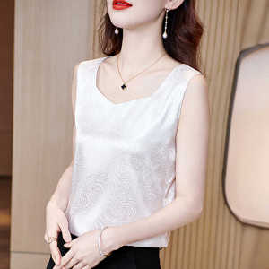 Áo Ba Lỗ Satin Không Tay Dành Cho Nữ Áo Sơ Mi Tay Ngắn Họa Tiết Hoa Cạp Cao Thời Trang Công Sở Mùa Hè 2024