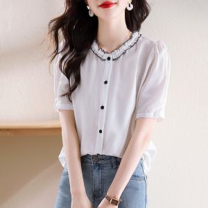Temperament Design Womens Shirt New Summer Fashion Commute Top Large Size Versatile Slim Round Neck Short Sleeve Korean Shirts