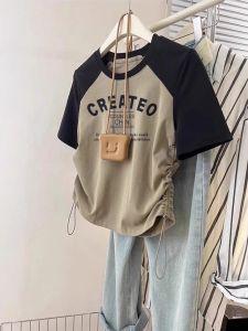 American Retro Waist-cinching Corded Summer T-shirt