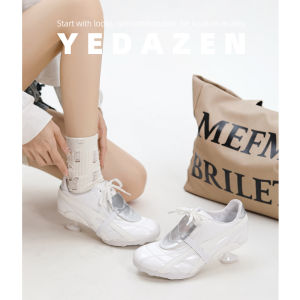 รองเท้ากีฬาสีขาวสุดเก๋สำหรับผู้หญิง รองเท้ากอล์ฟทรงสูงแบบไม่ซ้ำใคร รองเท้าส้นแบนแบบสวมหัวกลม พื้นยาง รองเท้าแฟชั่นสำหรับผู้หญิง