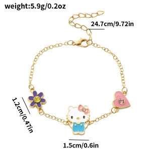 Sanrio | Gold Tone Hello Kitty Charm Bracelet Zinc Alloy with Purple Flower & Pink Heart Charms Adjustable Link Chain for Girls