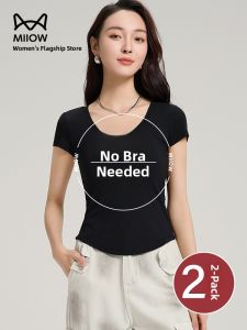 MiiOW | Catwoman Summer Short Sleeve T-Shirt With Chest Pad U-Neck Shoulder Level RAYON No Bra Slimming Casual Womens Top