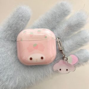Sanrio | Cute My Melody Strawberry Bluetooth Earphone Case With Charm for Airpods 1 2 3 4 Pro 2 Pro 3 Earphones IMD Shockproof Cover