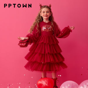 PPTOWN | Red Tulle Princess Style New Year Dress for Girls