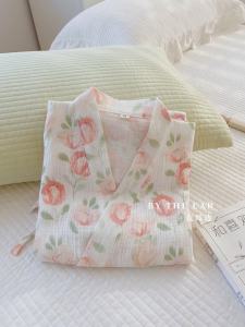 Pure Cotton Sleepwear for Women Loose Fitting Casual Home Use Summer Floral Printed Kimono Style Nightgown with V-Neck