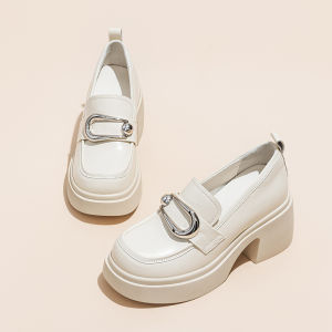 Spring 2025 Heel Heightening 9CM British Style Thick Bottom Wide Heel Slip-On Womens Shoes Small Size Leather Fashion Single Shoes