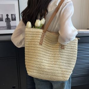 Túi Tote Dệt Cói Đi Biển Mùa Hè Túi Đeo Vai Đa Năng Lót Polyester Hình Chữ Nhật Chất Liệu Cotton Dành Cho Nữ
