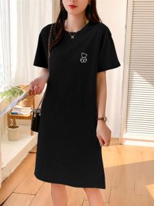 Summer 2024 Womens Loose Cotton T-Shirt Dress Knee-Length Over-Belly Print Casual Fashion Korean Style round Neck Short Sleeve