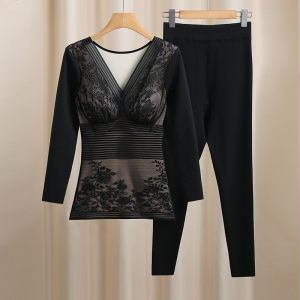 Thickened Fleece Warm Underwear Set for Women V-Neck Nine-Piece Pants Nylon And Spandex Mid-Aged Suitable Autumn Winter Clothes