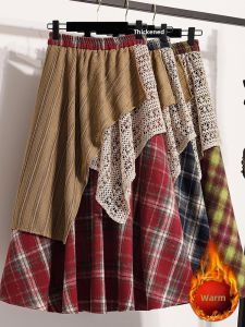 SHIMANQING | Ethnic Style Tweed Plaid A-Line High Waist Slimming Skirt