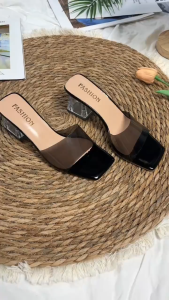 High Heels Transparent Sandals French Crystal Thick Heel Square Toe One-Strap Slippers For Outer Wear