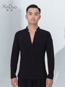 New Duo Mens Latin Dance Shirt Long Sleeves V-Neck for Standard Dance Modern Social Dance Practice Wear