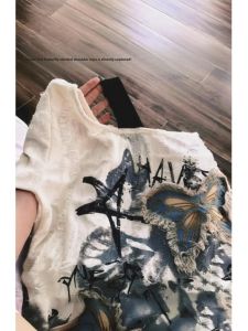 Machine Embroidery Butterfly Ripped Short Sleeve T-Shirt Womens Clothing Summer Waste Soil Style Stylish Pure Desire off-the-Shoulder Drawstring Top