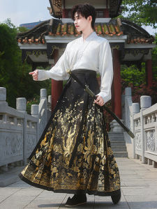 New Chinese Style Mens Hanfu Costume Set One-Piece Gold Embroidery Performance Suit Traditional Ethnic Knitted Polyester Spring Summer Autumn