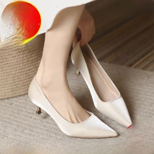 Giày Cao Gót Mũi Nhọn Kiểu Pháp Bằng Da Thật Thanh Lịch Mùa Hè Cho Nữ Giày Đính Đá Rhinestone Đế Cao Bằng Cao Su