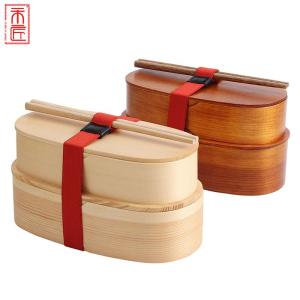 Japanese Style Student Lunch Box Multiple Compartment Wooden Design with Chopsticks and Tie