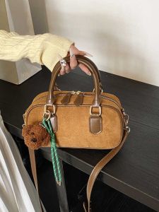 Fashionable Shoulder Bowling Bag Womens Crossbody Handbag Velvet Leather Soft Bag Modern Neutral Style Polyester Lining