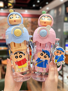 New Summer Kawaii Cartoon Straw Water Bottle Portable Student School Travel Double Sided Tritan Plastic Cup Cute Design 510ml