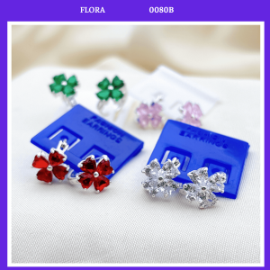 FLORA 0080B - Bông tai bạc ta hình cỏ bốn lá đá màu xanh lá đỏ hồng trắng dành cho bé gái