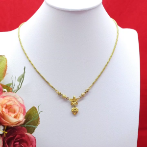 สร้อยคองานดิบทองเหลืองลายผ่าหวายมนห้อยดอกไม้จี้หัวใจ ความยาว 16 นิ้ว แฟชั่น งานดิบไม่ได้ชุบ ทองเหลืองโบราณ ใส่ได้ทุกโอกาส พร้อมส่ง