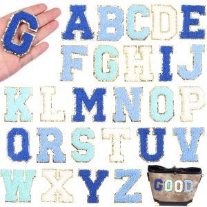 8pcs/lot Cool 26 Letters Towel Embroidery Patch Blue A-Z Self-adhesive Sticker Decoration For DIY Apparel Bag Crafts Accessories