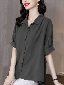 Summer New Womens Chiffon Short Sleeve Shirt Loose Slimming Large Size Mom Top with Tie Clip Mid-Year Fashion Trend