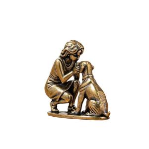 NEW Brass Girl Dog Figure Home Desk Ornament Retro Figurine Small Decorative Crafts Creative Decor