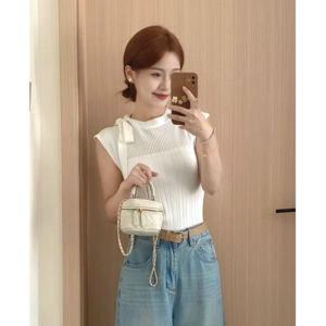 YUEZHONGWEI | เสื้อยืดแขนสั้นผ้าถักทรงเข้ารูปสไตล์ฝรั่งเศสสำหรับผู้หญิงในช่วงฤดูร้อน เสื้อแขนกุดทรงเข้ารูปแบบผูกโบว์ผีเสื้อสีขาว